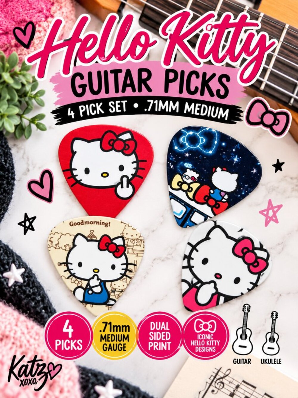 Hello Kitty Guitar Picks 4 Pc .71mm Medium Cheeky Kawaii Celestial Edgy Bundle